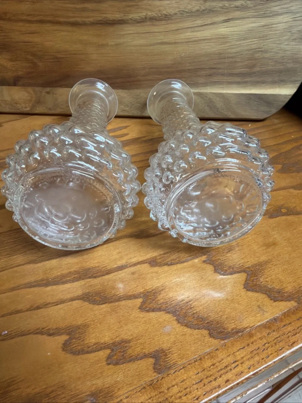 Set of 2 E.O. Brody Hobnail Clear Glass Flower Vases, 1960’s. 7.5” Tall